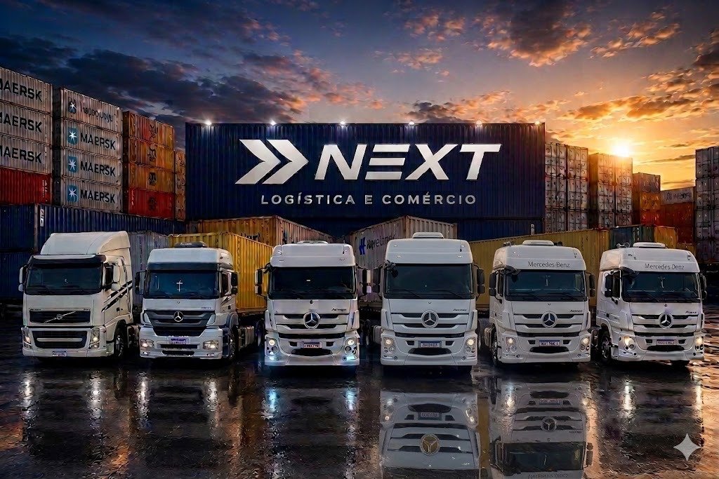 Frota Next Prime Logística — caminhões no Porto de Santos
